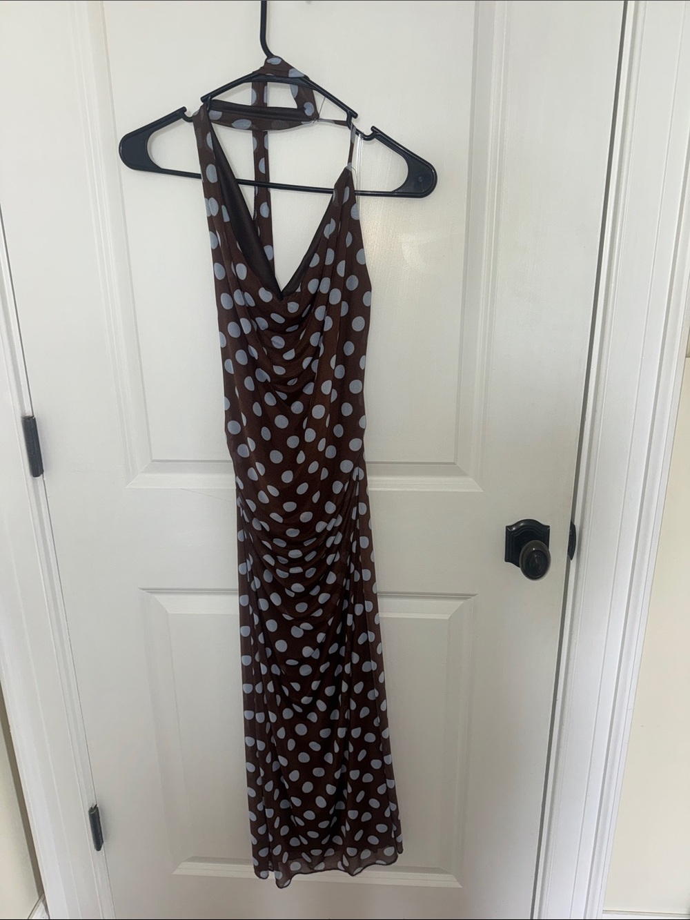 Brown Polka Dot Maxi Dress with Cowl Neck